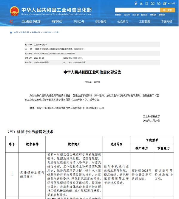汇彩国际情形无油螺杆水蒸气增压手艺乐成入选《国家工业和信息化领域节能手艺装备推荐目录（2022年版）》-企业新闻-汇彩国际情形